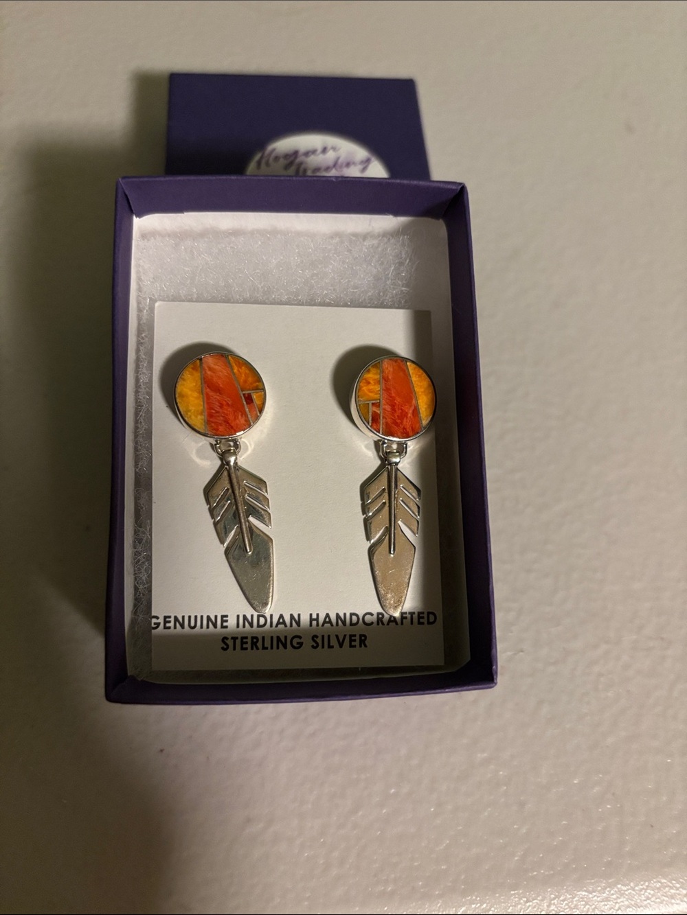 Native American Sterling Silver Orange Feather Drop Earrings - Genuine